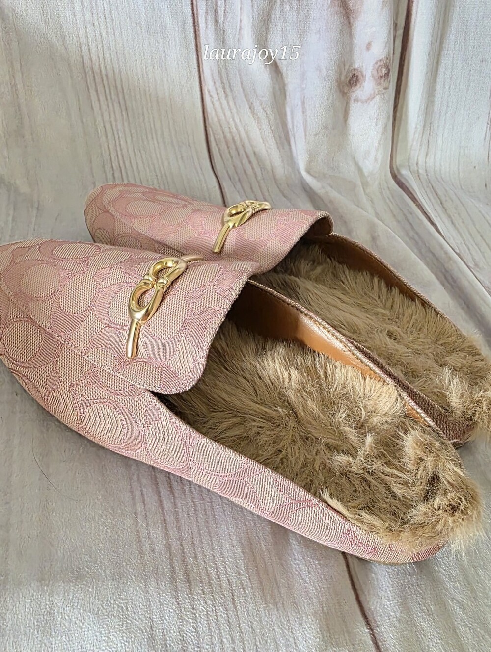 Coach Sienna Sherpa Slides Shoes Pink Signature Jacquard Gold Horsebit Womens 6 - Picture 4 of 10